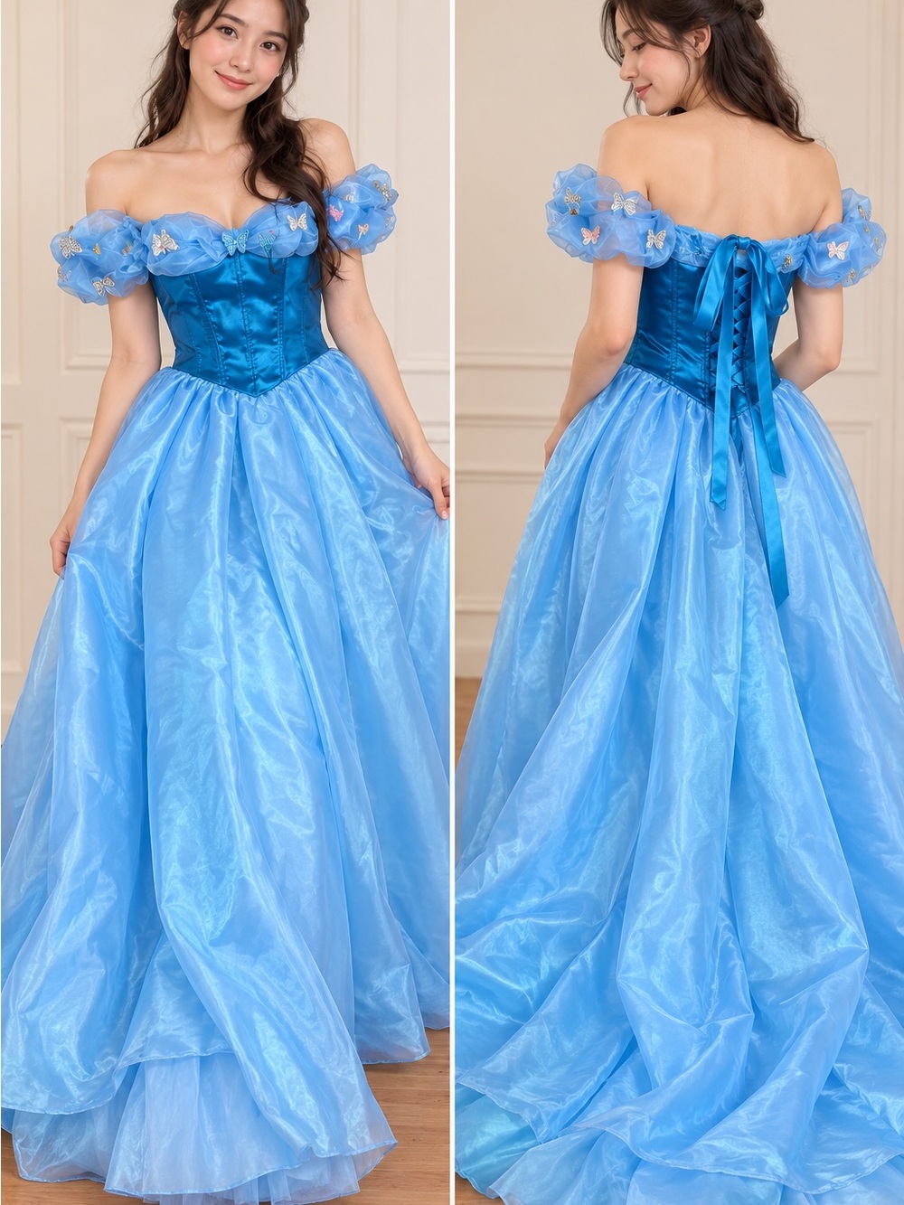 Off-Shoulder Sky Blue Satin & Tulle Formal Ball Gown Dress